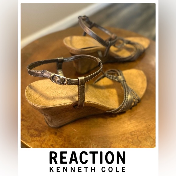 Kenneth Cole REACTION Leather Cedar Liscious Strappy Wood Wedge Sandals-Free S/H - Picture 4 of 16